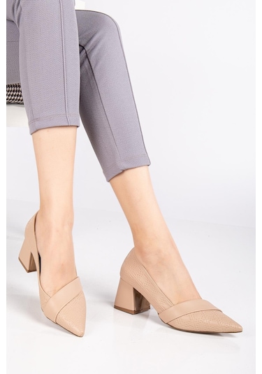 Kadın Topuklu Ayakkabı Bej Baskılı Deri Yanyüzlü Sivri Kalıp-3579 Bej