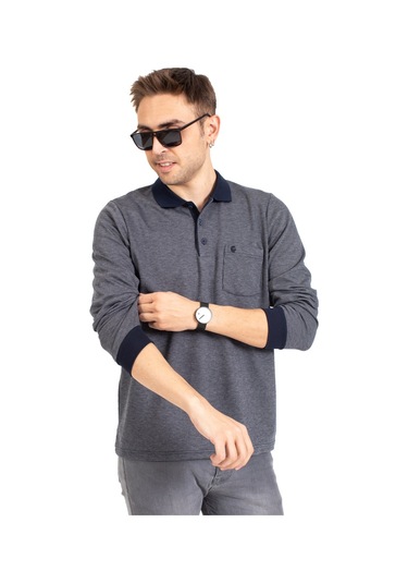 Erkek Orta Yaş ve Üzeri Polo Yaka Cepli Uzun Kollu Fitilli Mevsimlik Sweatshirt 1219-Gri-Gri