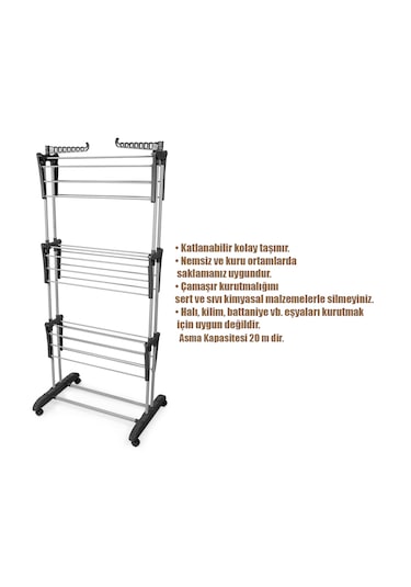 Doğrular Perilla Tiga Fits 3 Katlı Tekerlekli Çamaşır Kurutmalık Siyah