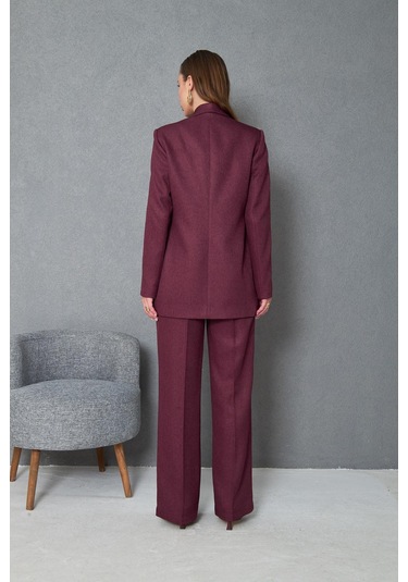 Kare Düğmeli Yünefekt Takım Mürdüm Düz Mürdüm