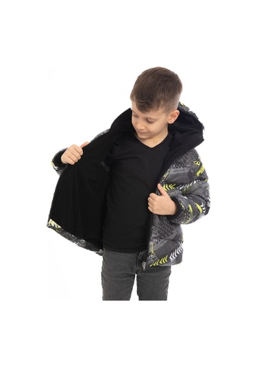 Erkek Çocuk Sarı Siyah Dijital Desen Içi Polar Su Ve Rüzgar Geçirmez Kapüşonlu Şişme Kışlık Mont Sarı - Siyah