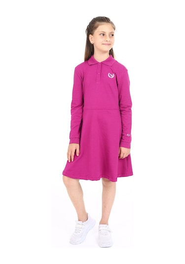 Toontoy Kız Çocuk Polo Yaka Çıtçıtlı Göğsü Baskılı Elbise Mürdüm