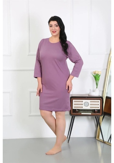 Giyim Kadın Büyük Beden Penye Gecelik Ev Elbisesi Mürdüm Mürdüm