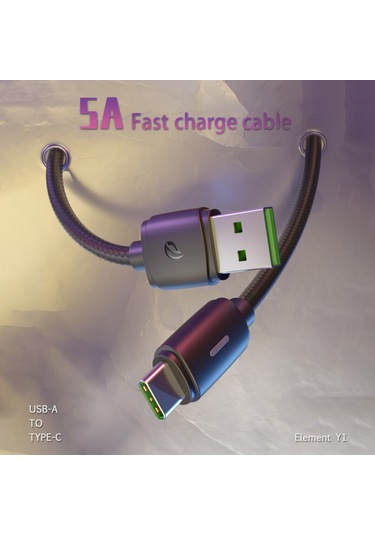 Geeksen Wsken Element Y1 2 Metre Siyah Type C Kablosu - 5a Süper Hızlı Şarj + Veri Transferi Rgb Led Işıklı Dayanıklı Nylon