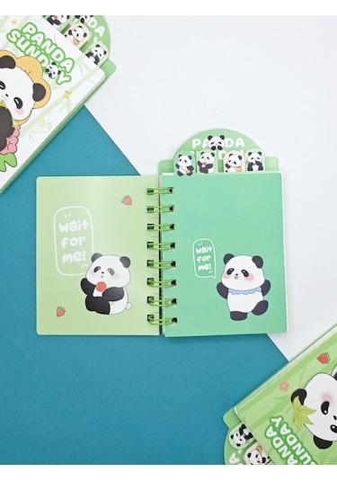 Sevimli Panda Ayraçlı Mini Not Defteri 9x14,5 Cm - Şirin Panda Yeşil