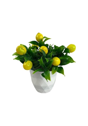 Yapay Çiçek Beyaz Saksıda Limon Dekoratif Masa Çiçeği 25Cm