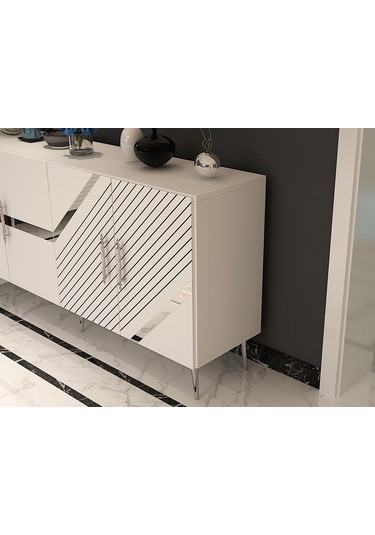 Pınar Konsol Tv Sehpası Çok Amaçlı Dolap 150 Cm Beyaz Gümüş