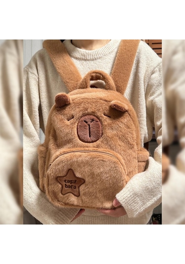 Homyl Peluş Kapibara Sırt Çantası Sevimli Moda Kolej Erkekler Kahverengi