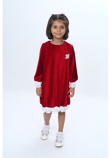 Toontoy Kız Çocuk Kadife Fırfır Detaylı Elbise Kırmızı
