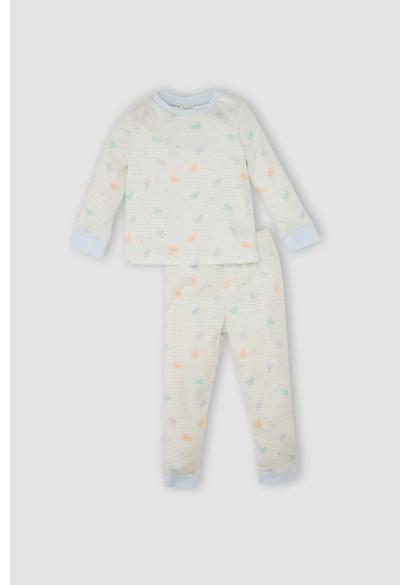 DeFacto Kız Bebek Pijama Takım Kelebek Desenli Bisiklet Yaka Uzun Kollu Üst Beli Lastikli Uzun Alt D3440A524WNER98 Ekru