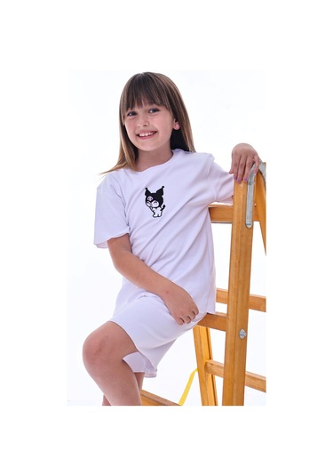 Ribana Beybi Overlok Detaylı Kuromi Nakışlı Alt-üst Takım Beyaz