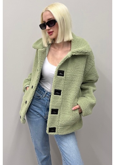 Madmext Yeşil Deri Detaylı Kadın Peluş Mont Mg2485 Yeşil