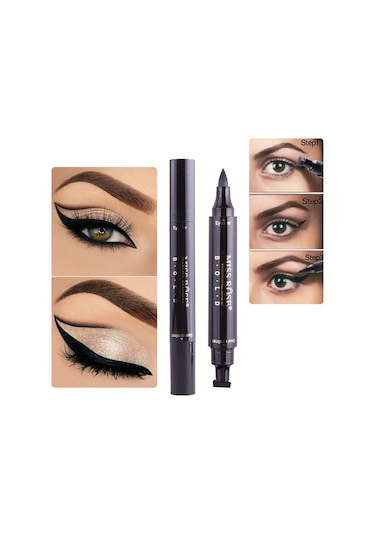 Sones 2'si 1 Arada Siyah Su Geçirmez Çift Başlı Hızlı Kuruyan Eyeliner Mühür Damga Kalemi