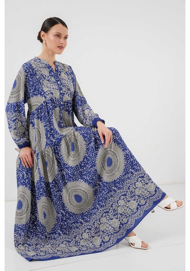 Gabria Ön Düğmeli Desenli Viskon Elbise Saks Mavi - Beyaz