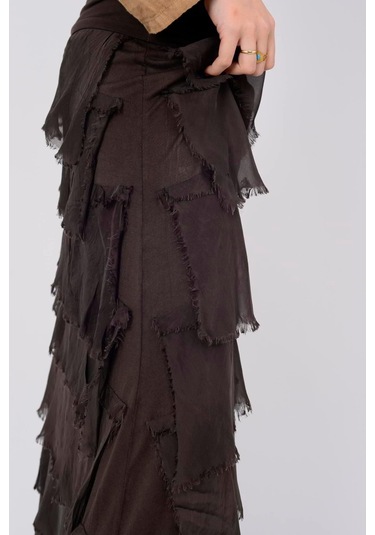 İtalyan 2 Beden Ince Gösteren Kat Kat Ipek Etek & Straplez Elbise Kahve Rengi