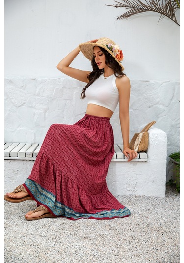 Kadın Bohem Retro Baskılı Salıncak Etek Kırmızı