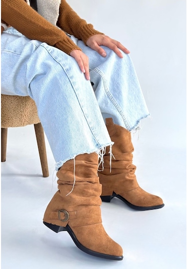 Canty Taba Süet Körüklü Topuklu Çizme Taba