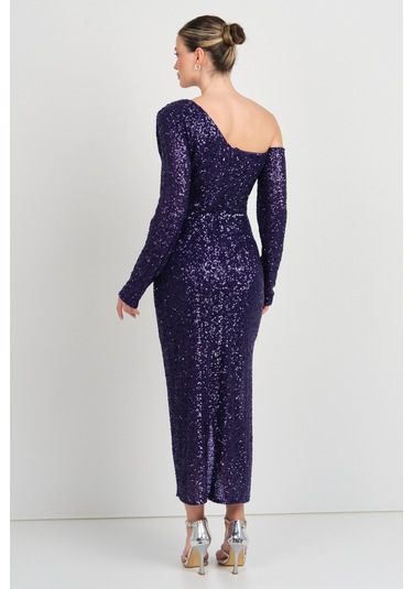 Explosion Kadın Full Pul Payetli Tek Omuz Detaylı Abiye Elbise 7687 Mor Mor