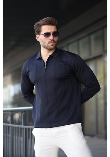 Lacivert Polo Yaka Fermuarlı Erkek Kazak E7427 Lacivert