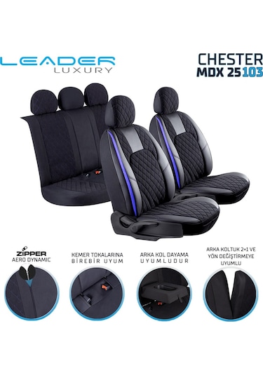 Fiat Egea Sedan Lüx Yarı Deri Oto Koltuk Kılıfı Ön Arka Takım Chester Siyah Mavi