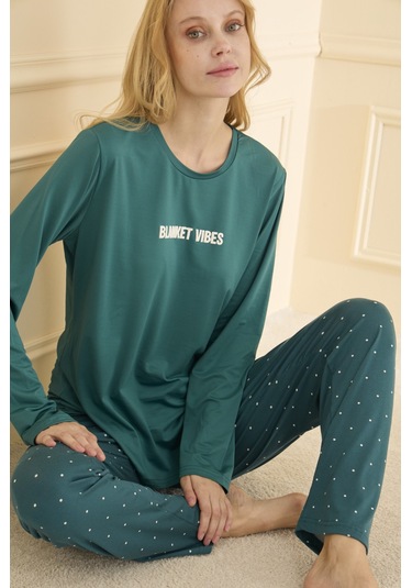 Mihra Kadın Pijama Takımı Uzun Kol Mevsimlik Yeşil