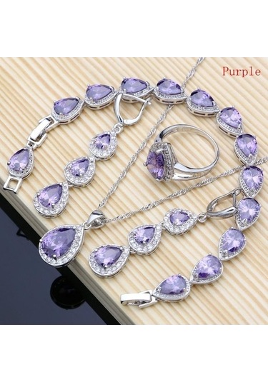 Novahub Mor Gümüş Renk Takı Mavi Kübik Zirkonya Takı Setleri Kadınlar Için Küpe Kolye Yüzük Bilezik 9.5 Mor