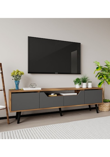 Roma Ahşap Ayaklı Tv Ünitesi Tv Sehpası Ceviz-antrasit
