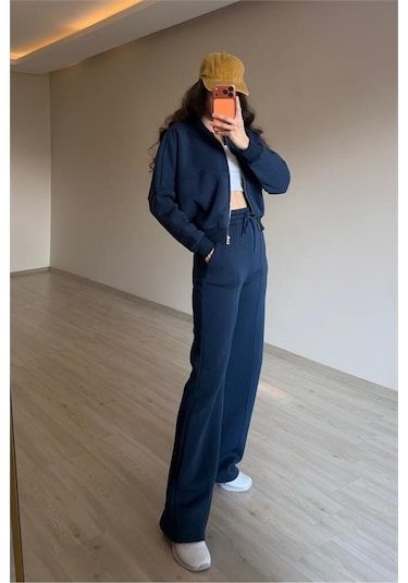 Neşeli Butik Kadın Oversize 3 İplik Cepli Eşofman Takımı Nm029 Lacivert