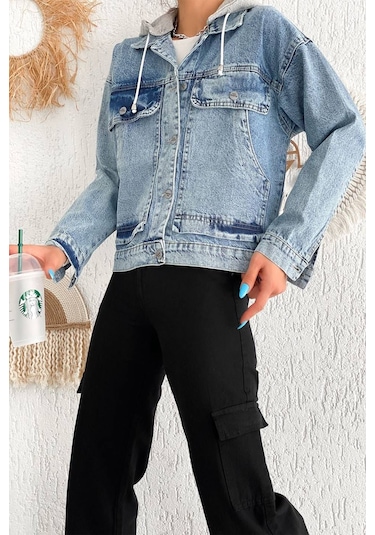 Kadın Çıkarılabilir Kapüşonlu Cepli Denim Ceket Astarsız & Çok Amaçlı Kullanım Mavi