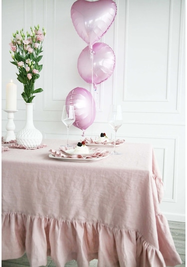 Buldan Keten Fırfırlı Vintage Pastel Pembe Masa Örtüsü
