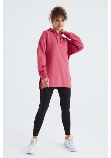 Tommy Life Yaban Gülü Reglan Kol Basic Kapüşonlu Oversize Sweatshirt Sweatshirt Tunik - 97242 Pembe