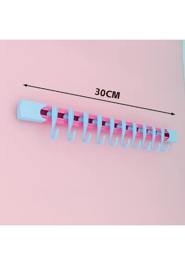 Yapışkanlı Portatif, Mobilya, Duvar, Dolap, Banyo Organizer Askılık, 10 Kancalı, 30 Cm, Pembe