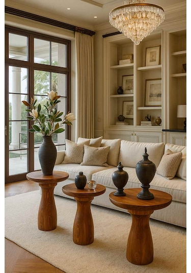 Doğal Meşe Renk 3 Lü Ahşap Mantar Sehpa Zigon Fiskos Seti Meşe