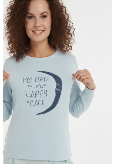 Luxury Thermal Hilal Desenli Kadın Polar Kışlık Pijama Takımı 42064 Lacivert