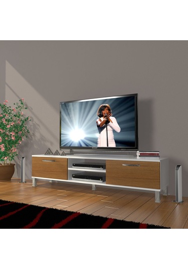 Decoraktiv Eko 140 Slm Dvd Krom Ayaklı Tv Ünitesi Tv Sehpası - Beyaz - Ceviz Beyaz - Ceviz