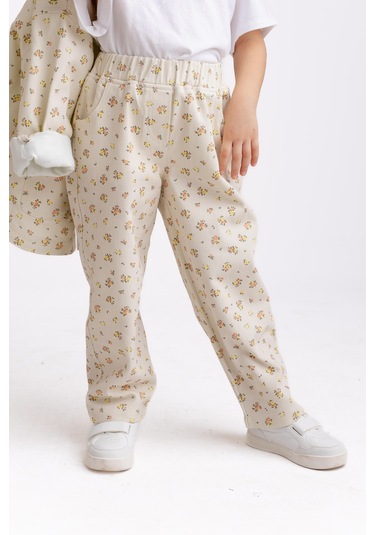 Çiçek Gabardin Kız Çocuk Pantolon Ekru