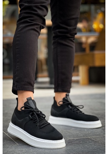 Pabucmarketi Bağcık Detaylı Triko Kumaş Erkek Spor Ayakkabı Siyah Siyah