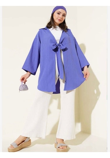 Lovie Moda Kadın Ön Bağcıklı Kimono Mavi