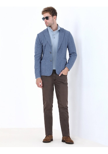 Kip Mavi Düz Modern Fit Yün Karışımlı Örme Ceket Çok Renkli