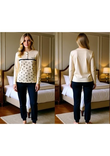 Kadın Pamuklu Vanilya Renk Pijama Takımı Al506 Krem
