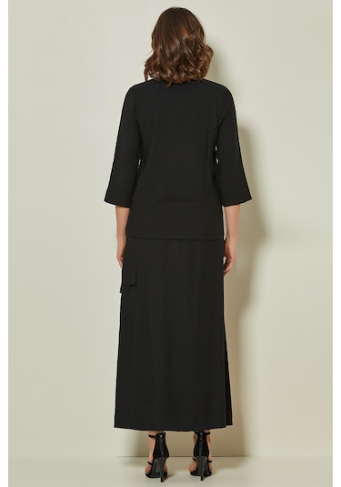 Bağcık Detaylı Siyah Dokuma Etek Siyah