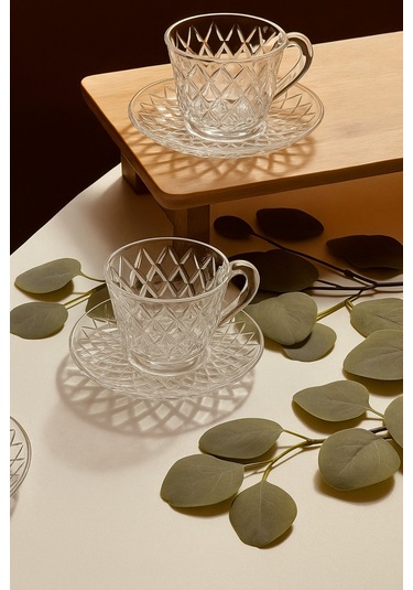 Elta Collection 6 Lı Cam Kahve Fincanı Seti Zarif Desenli Cam Bardak Ve Tabak Takımı Desenli Seffaf