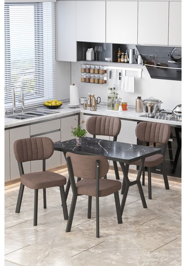 Parla 70x110cm Siyah Mermer Mutfak Masası, Mutfak Masası Takımı, Yemek Masası, 4 Kahverengi Sandalye Kahverengi