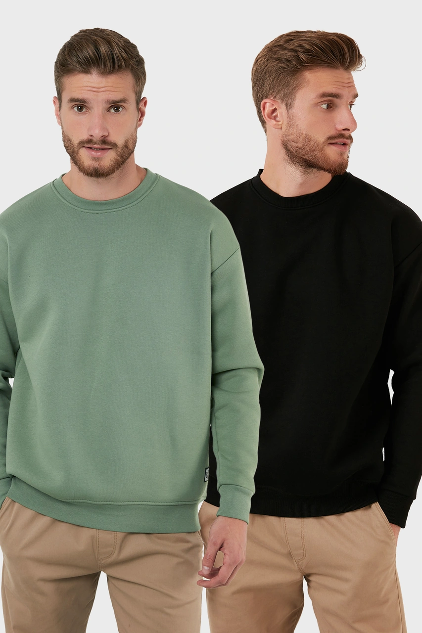 Buratti Regular Fit Bisiklet Yaka Şardonlu 2'Li Paket Erkek Sweat 5905255S2 Elma-Siyah