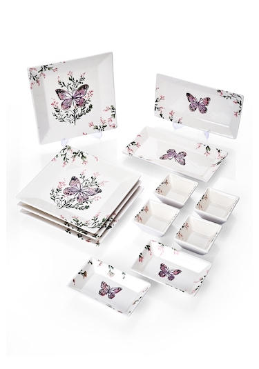 Piatti Naturali 12 Parça 4 Kişilik Kelebek Kahvaltı Takımı Handmade Sunum Set Çok Renkli