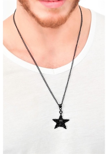 Erkek Siyah Oksit Kaplama Kurukafa&pentagram Simge Uçlu Kolye Siyah