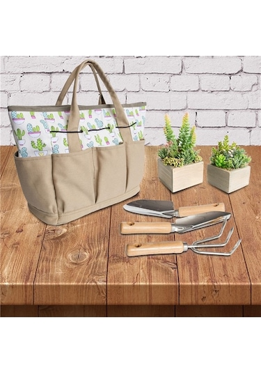 Pazly Çok Cepli Kaktüs Desenli Bahçe Aletleri Taşıma Çantası - Dayanıklı Kumaş Organizatör Kahverengi Kahverengi