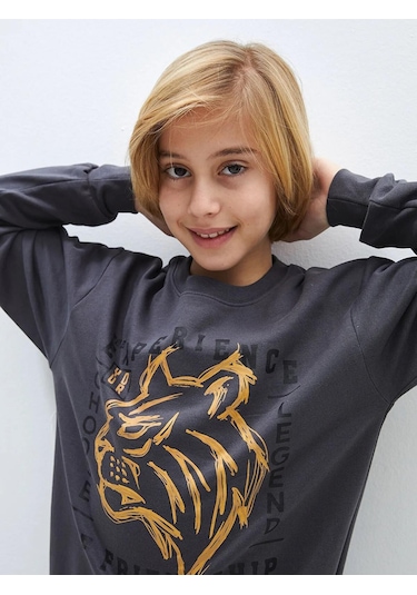 Aslan Desenli Erkek Çocuk Sweatshirt Füme