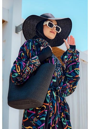 Remsa Tesettür Mayo Üzerine Tek Kaftan Kimono Pareo Siyah04 Rp035 Yağmur Lacivert