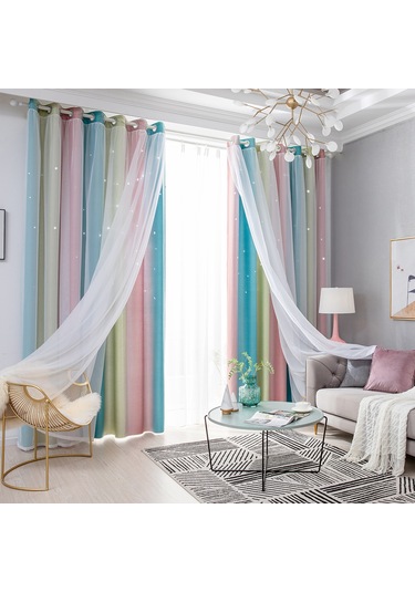 Gajeena Pembe Yıldız Desenli İki Katlı Isı Yalıtımlı Gölgelendirici Perde - Yatak Odası & Oturma Odası - 1 Adet + Bej Bağlama Ipçesi 100x130cm